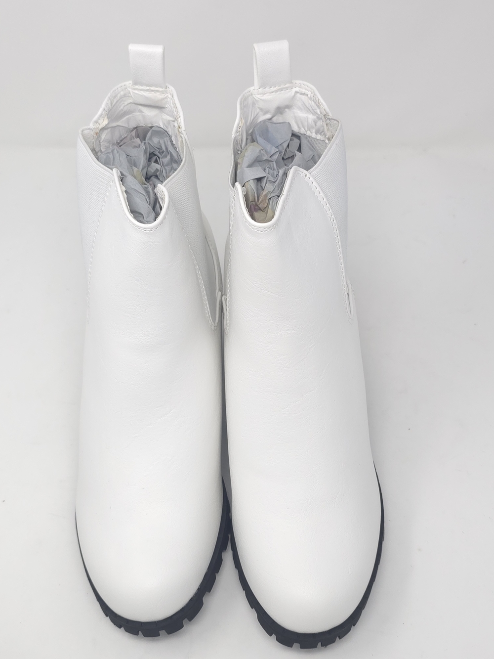 White Chunky Heel Ankle Boots Chelsea Style Platform Minimalist Trendy - Picture 10 of 10